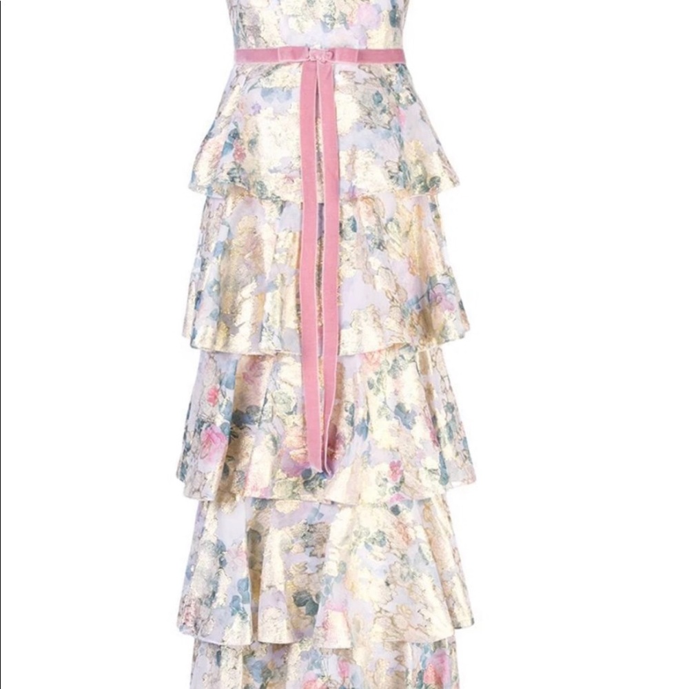 NWT marchesa notte metallic printed tiered gown